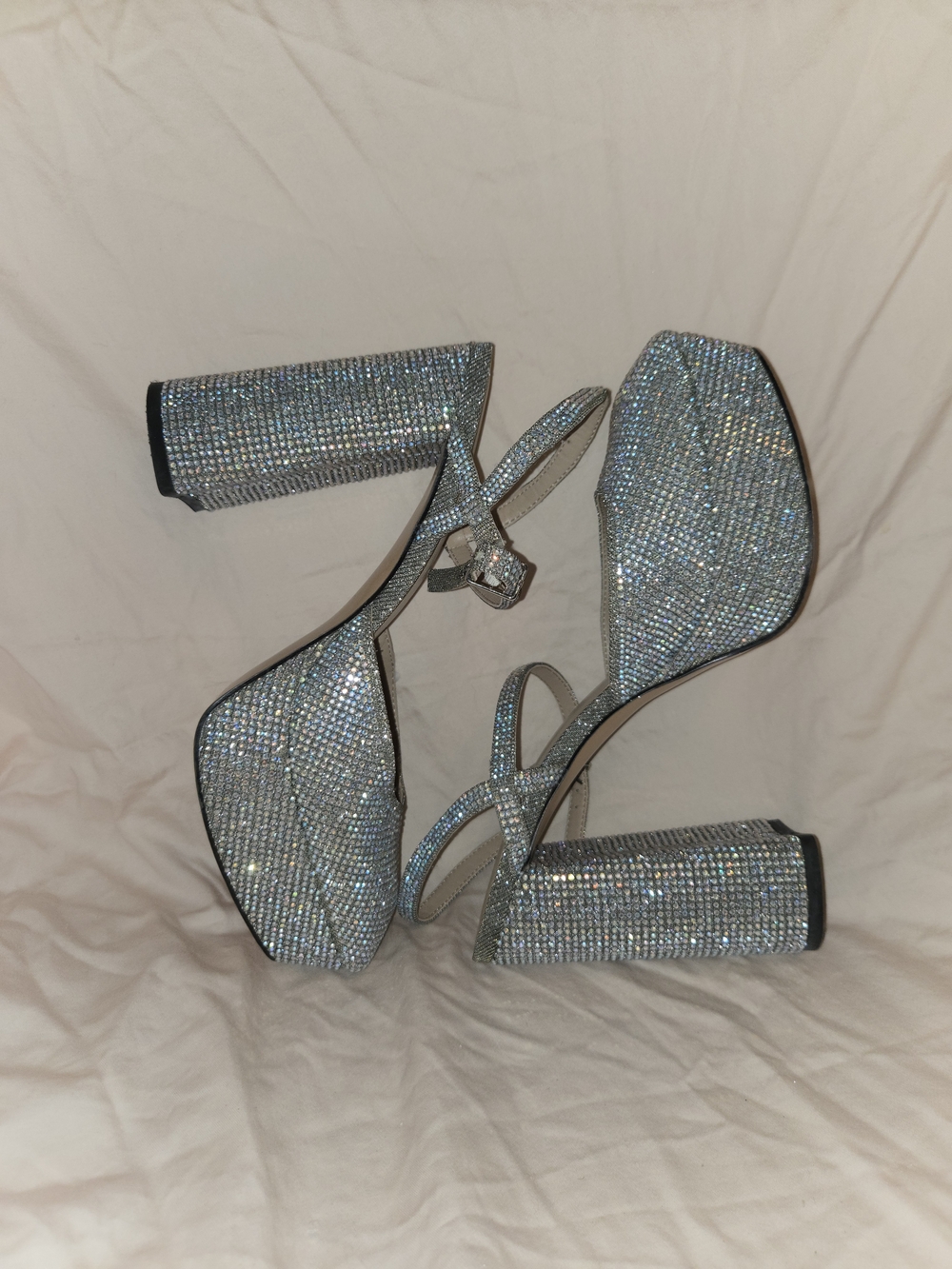 Silver Crystal Platform Block Heel Sandals - Women